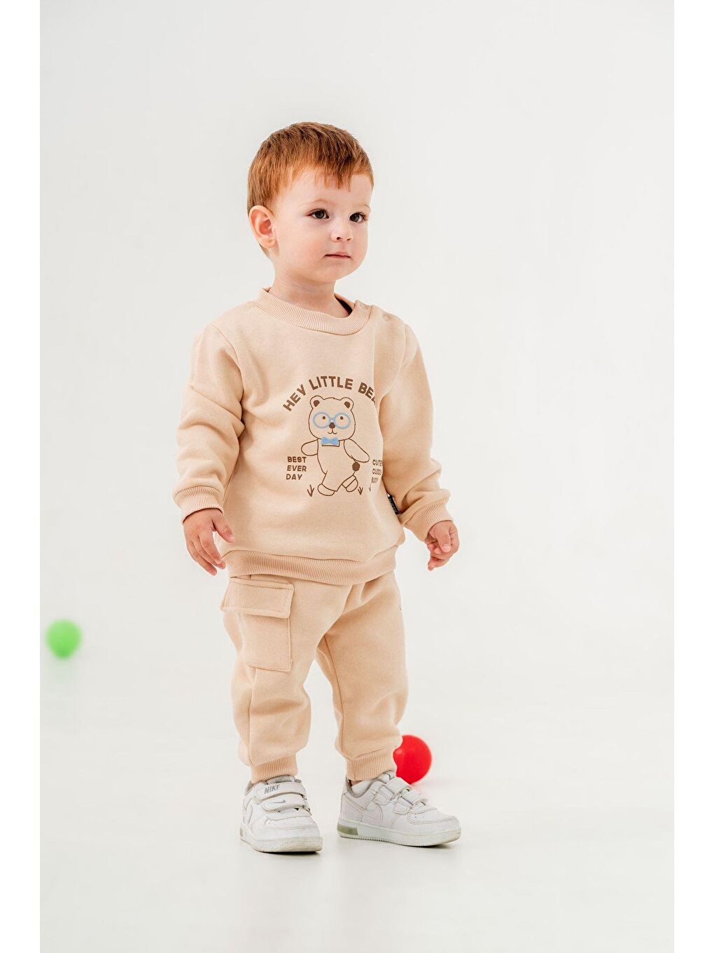 Ekru Erkek Bebek Ayıcıklı Desenli Pamuklu 3 İplik Kışlık Sweatshirt Eşofman Alt-Üst Takım