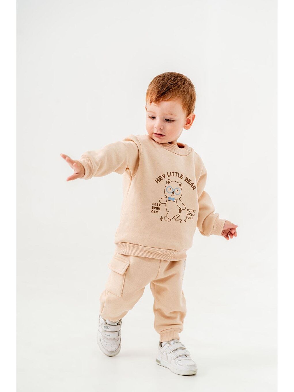 Ekru Erkek Bebek Ayıcıklı Desenli Pamuklu 3 İplik Kışlık Sweatshirt Eşofman Alt-Üst Takım-1