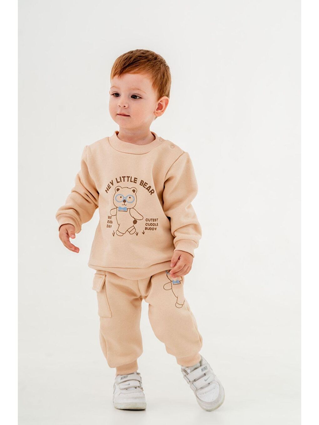 Ekru Erkek Bebek Ayıcıklı Desenli Pamuklu 3 İplik Kışlık Sweatshirt Eşofman Alt-Üst Takım-2