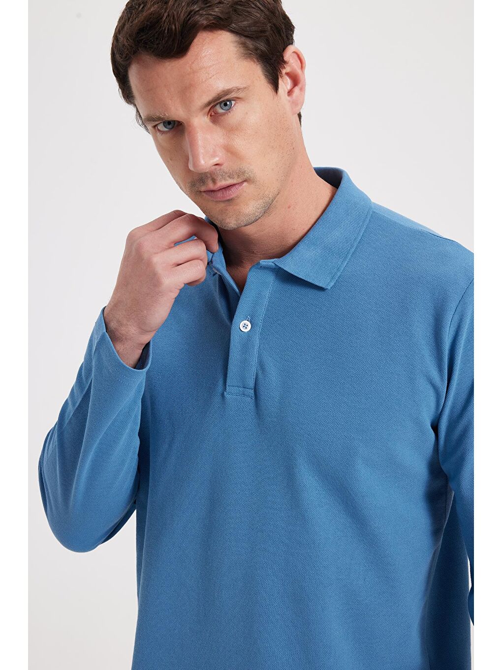 Erkek Standart Fit Rahat Kesim Pamuklu Yumuşak Dokulu Düz Pike Uzun Kollu İndigo Polo Yaka Tişört-1