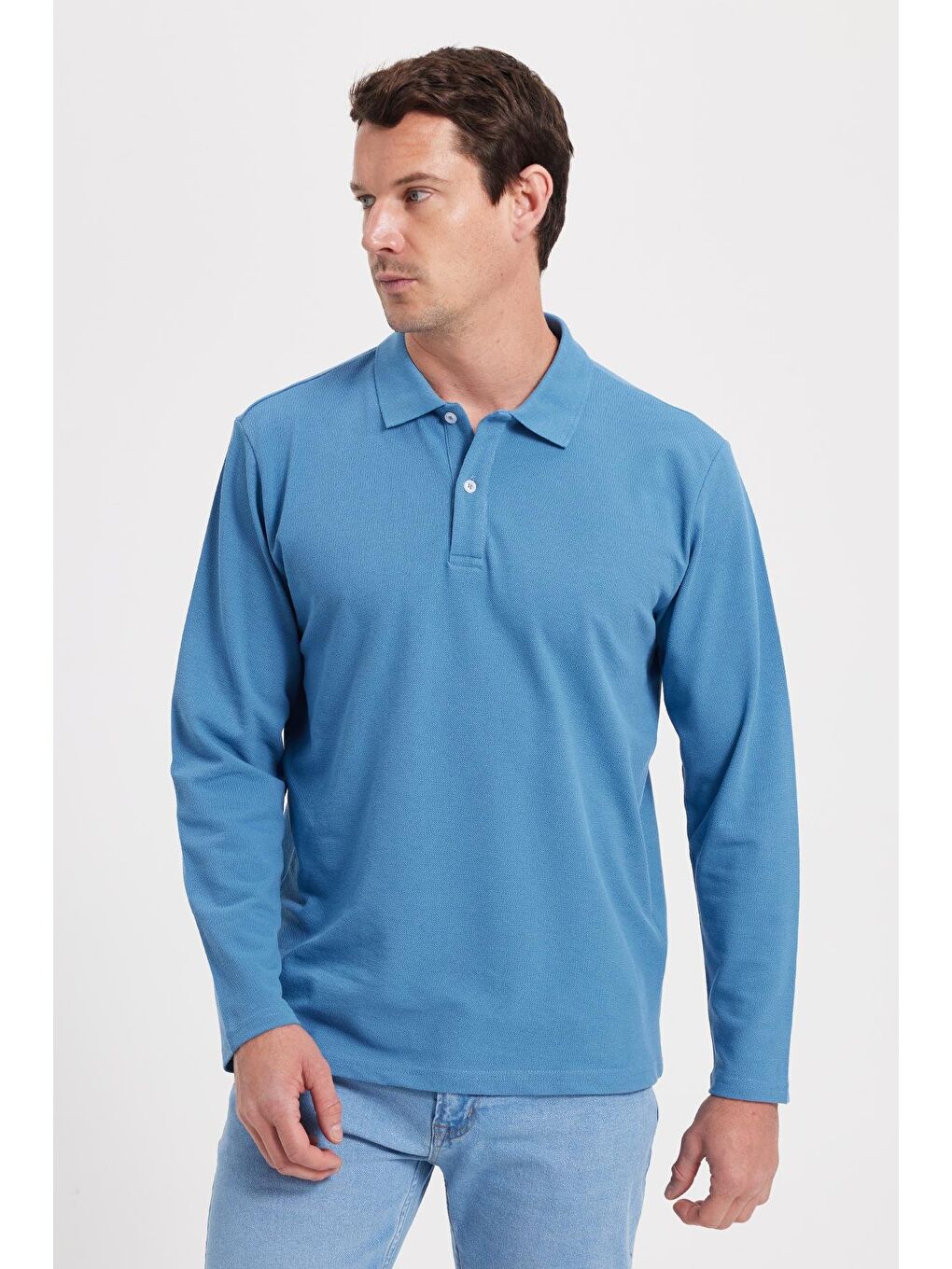 Erkek Standart Fit Rahat Kesim Pamuklu Yumuşak Dokulu Düz Pike Uzun Kollu İndigo Polo Yaka Tişört-2
