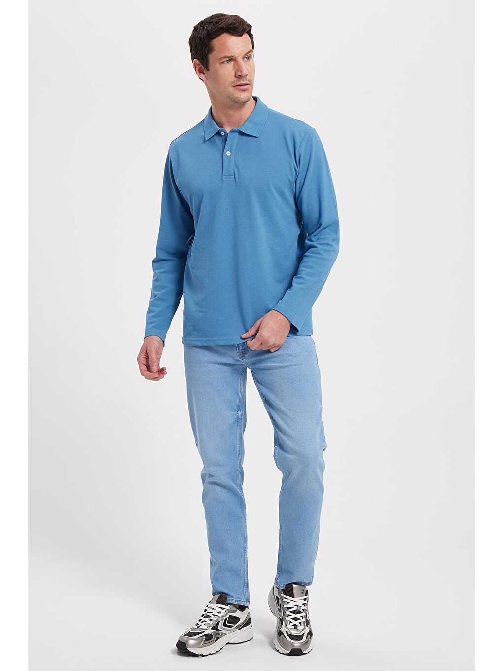 Erkek Standart Fit Rahat Kesim Pamuklu Yumuşak Dokulu Düz Pike Uzun Kollu İndigo Polo Yaka Tişört-3