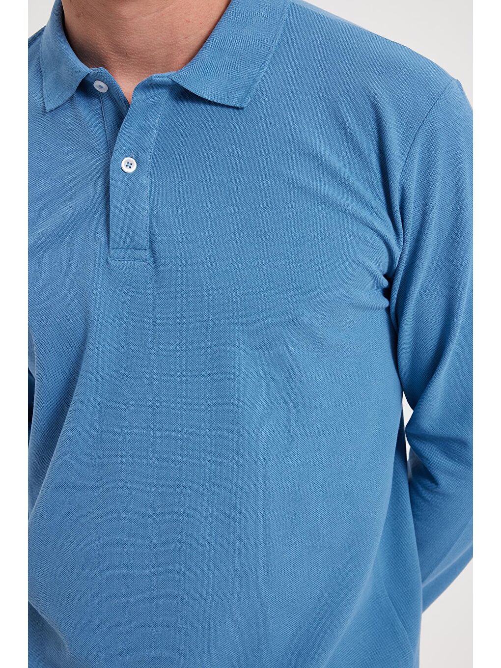 Erkek Standart Fit Rahat Kesim Pamuklu Yumuşak Dokulu Düz Pike Uzun Kollu İndigo Polo Yaka Tişört-4