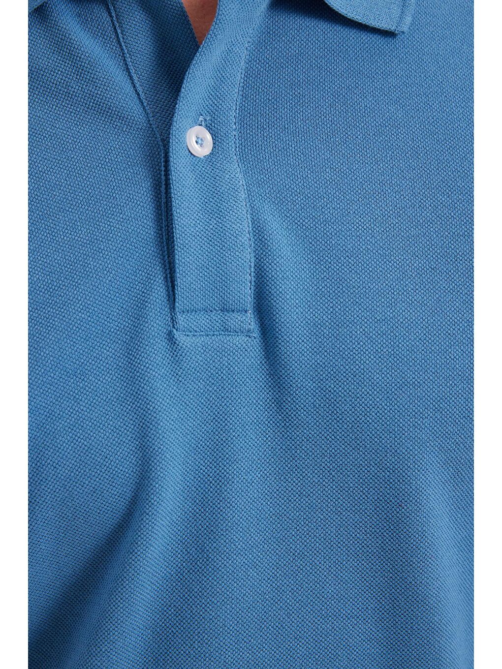 Erkek Standart Fit Rahat Kesim Pamuklu Yumuşak Dokulu Düz Pike Uzun Kollu İndigo Polo Yaka Tişört-5