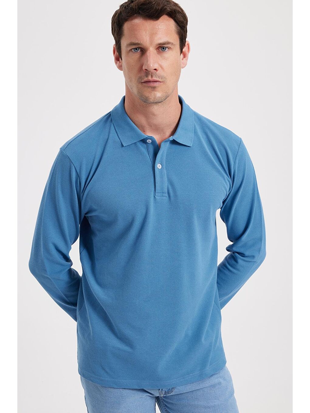 Erkek Standart Fit Rahat Kesim Pamuklu Yumuşak Dokulu Düz Pike Uzun Kollu İndigo Polo Yaka Tişört-6