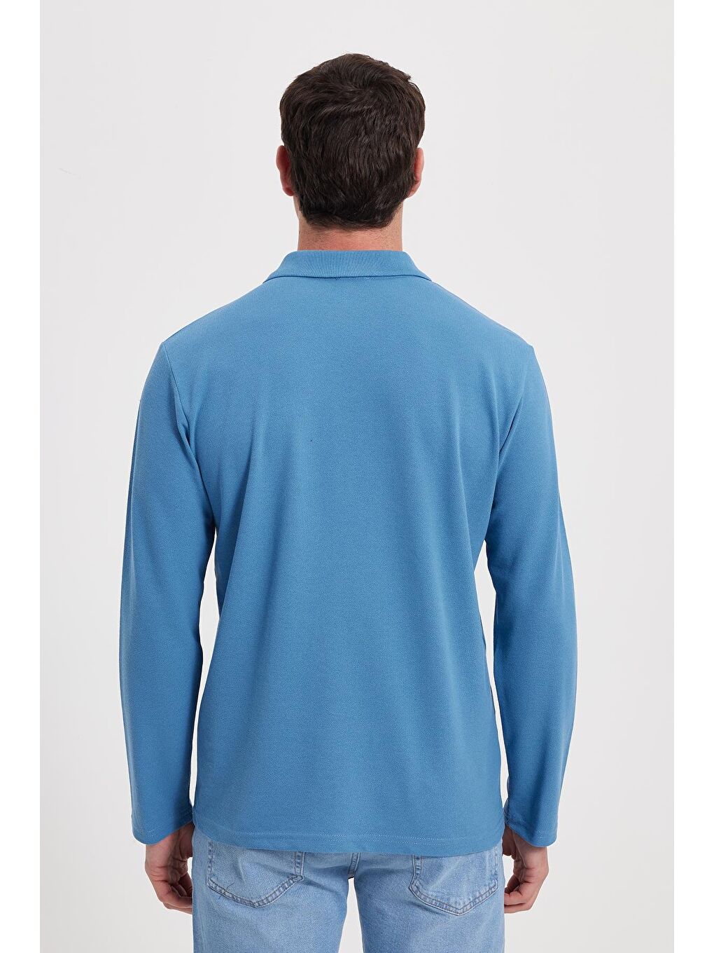 Erkek Standart Fit Rahat Kesim Pamuklu Yumuşak Dokulu Düz Pike Uzun Kollu İndigo Polo Yaka Tişört-7
