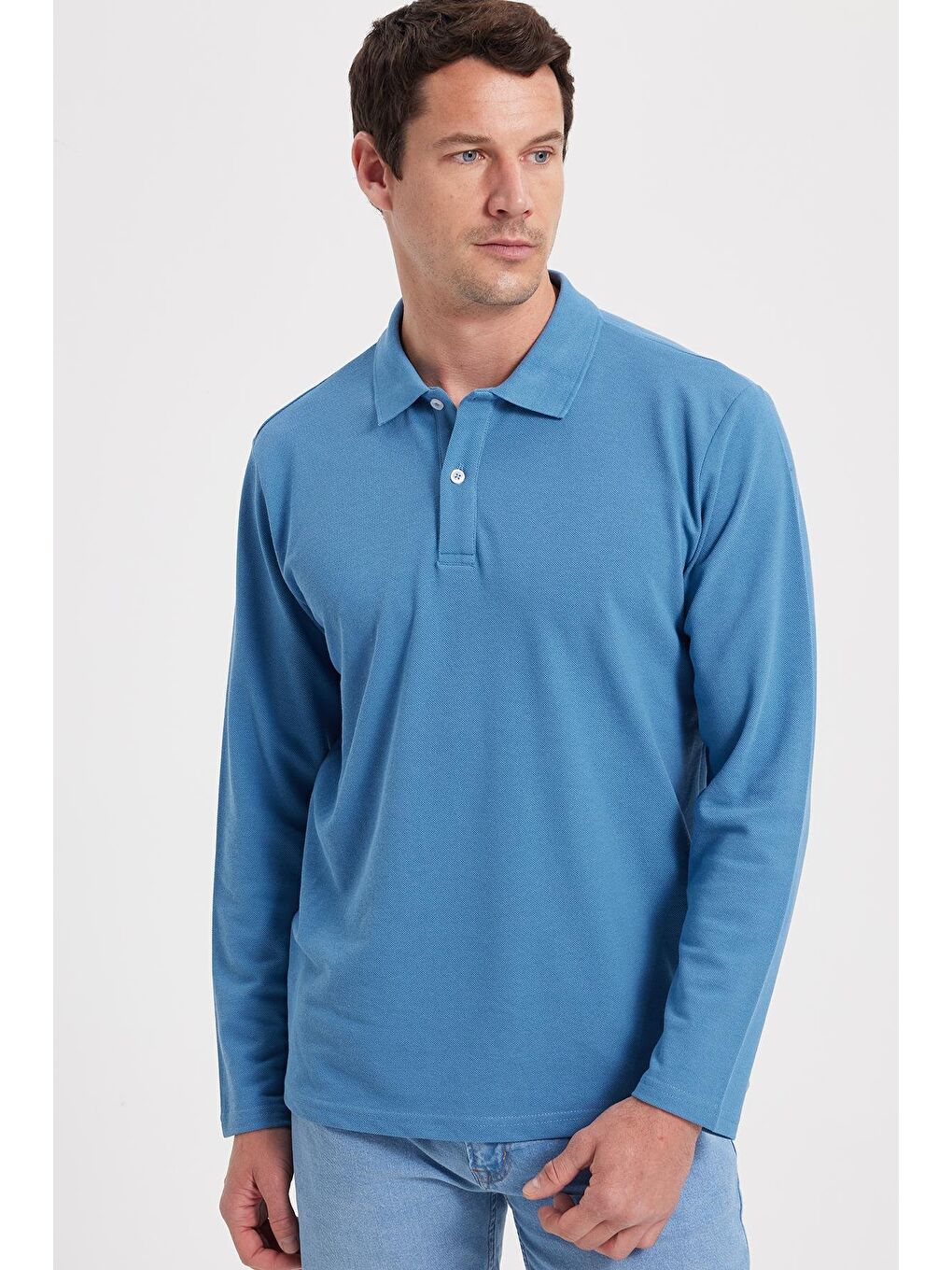 Erkek Standart Fit Rahat Kesim Pamuklu Yumuşak Dokulu Düz Pike Uzun Kollu İndigo Polo Yaka Tişört-8