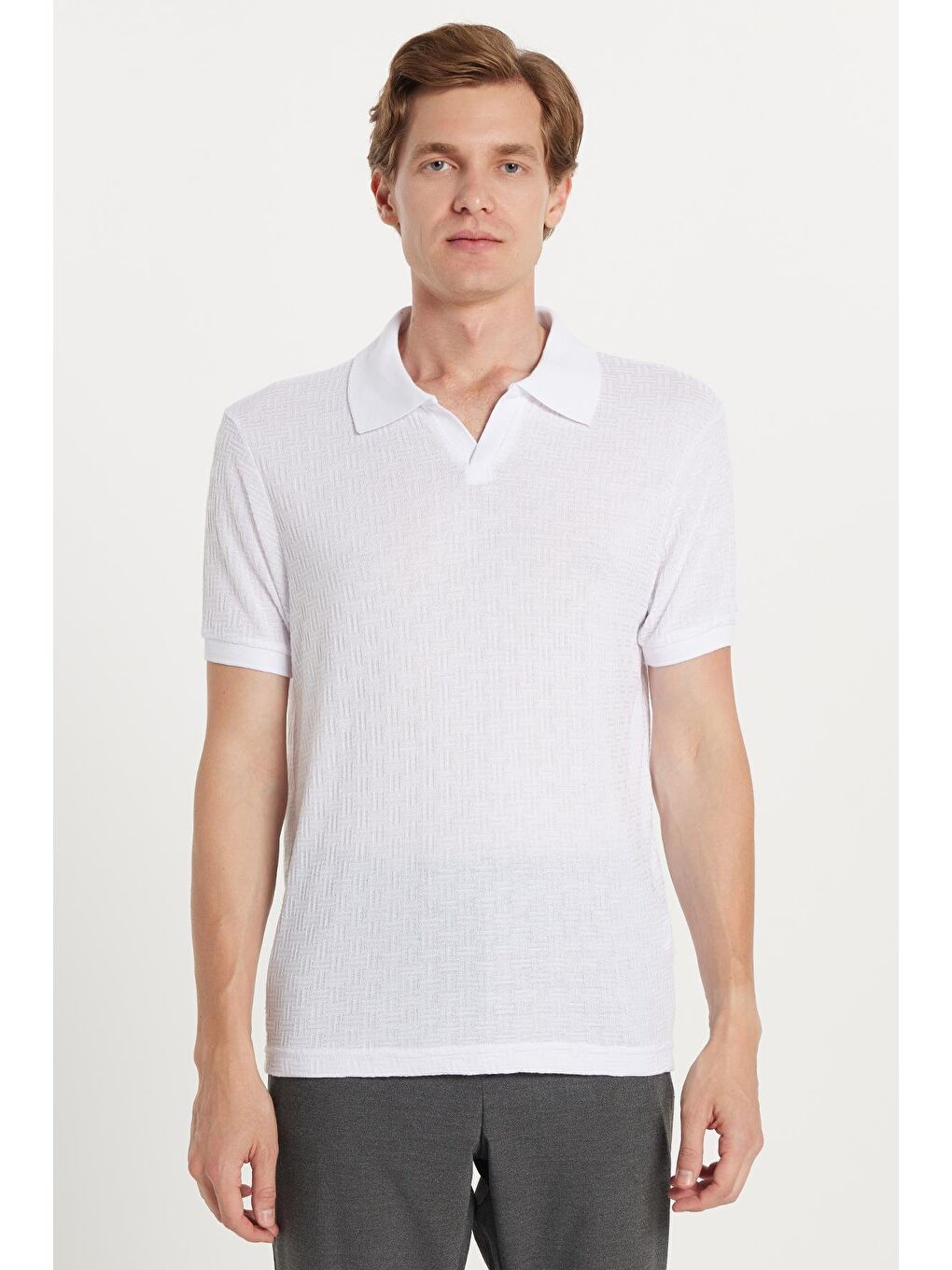 Erkek Slim Fit Dar Kesim Viskon Kumaş Desenli Düz Pike Düğmesiz Beyaz Polo Yaka Tişört