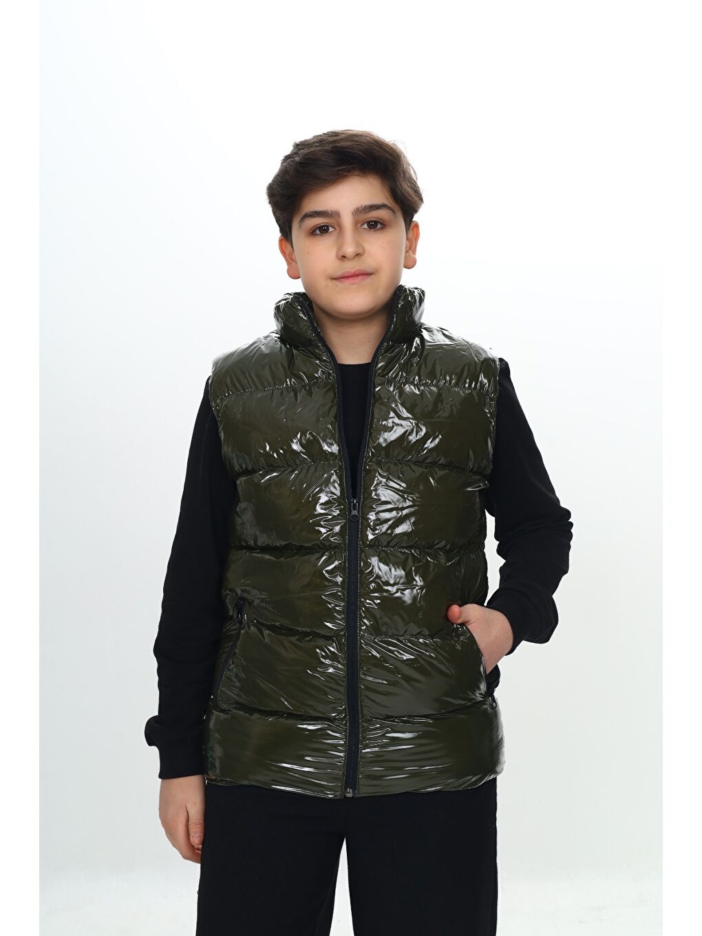 Haki Erkek Çocuk Parlak Görünümlü Şişme Yelek-3
