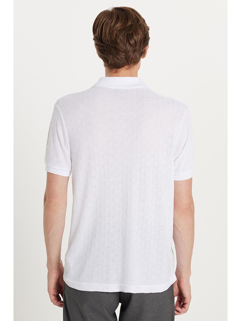 Erkek Slim Fit Dar Kesim Viskon Kumaş Desenli Düz Pike Düğmesiz Beyaz Polo Yaka Tişört-4