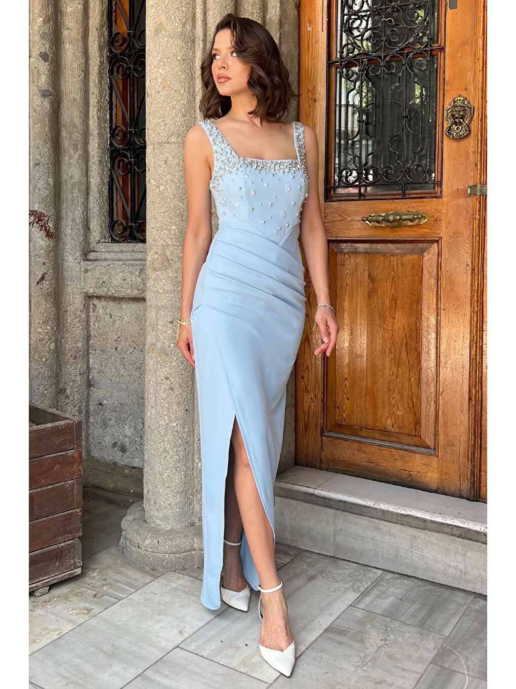 Mavi Kadın Taşlı Drapeli Abiye Elbise-1