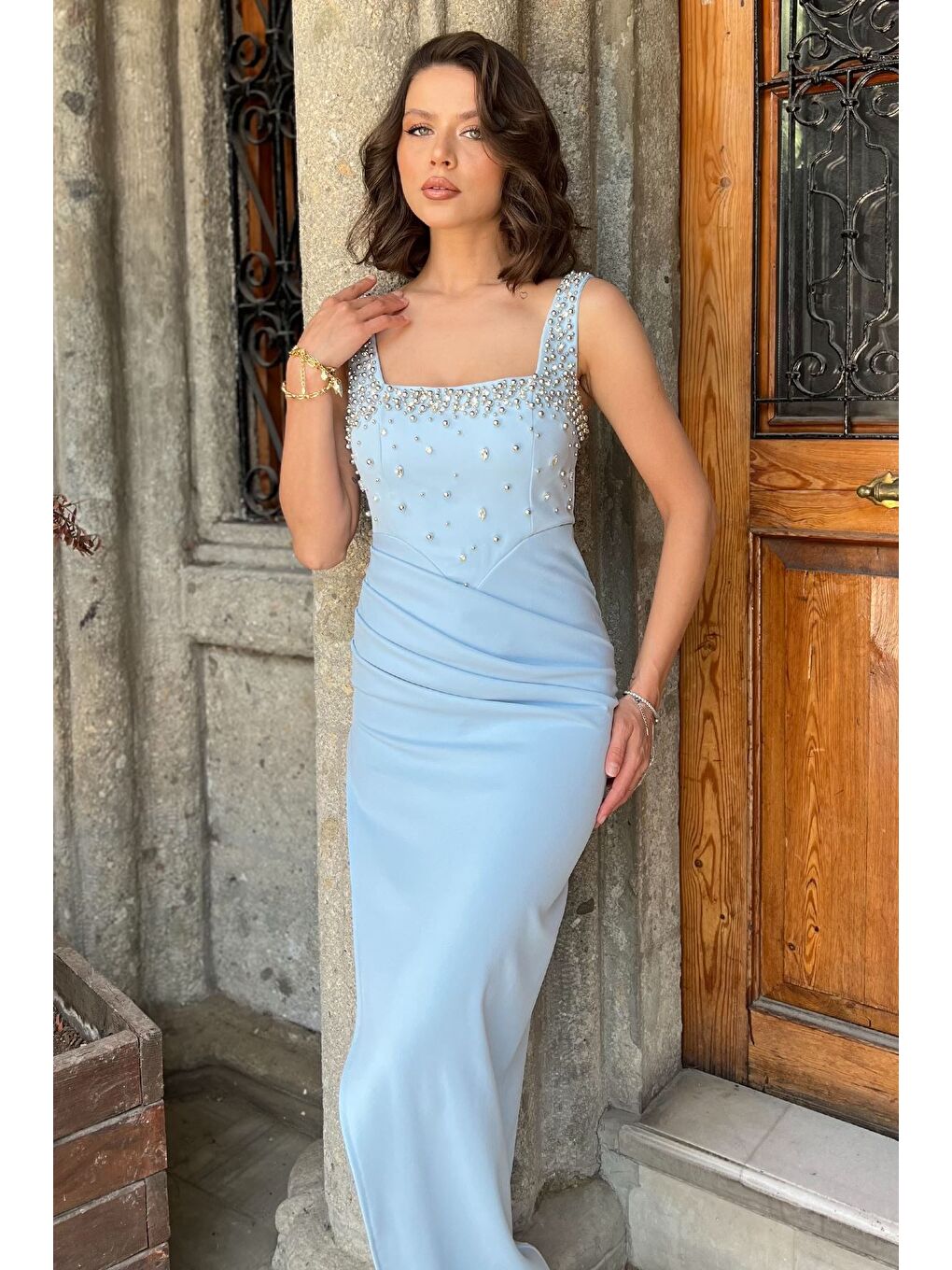 Mavi Kadın Taşlı Drapeli Abiye Elbise-2