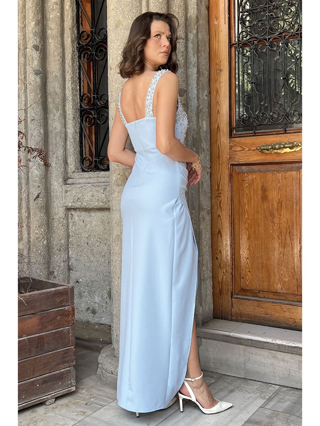 Mavi Kadın Taşlı Drapeli Abiye Elbise-3