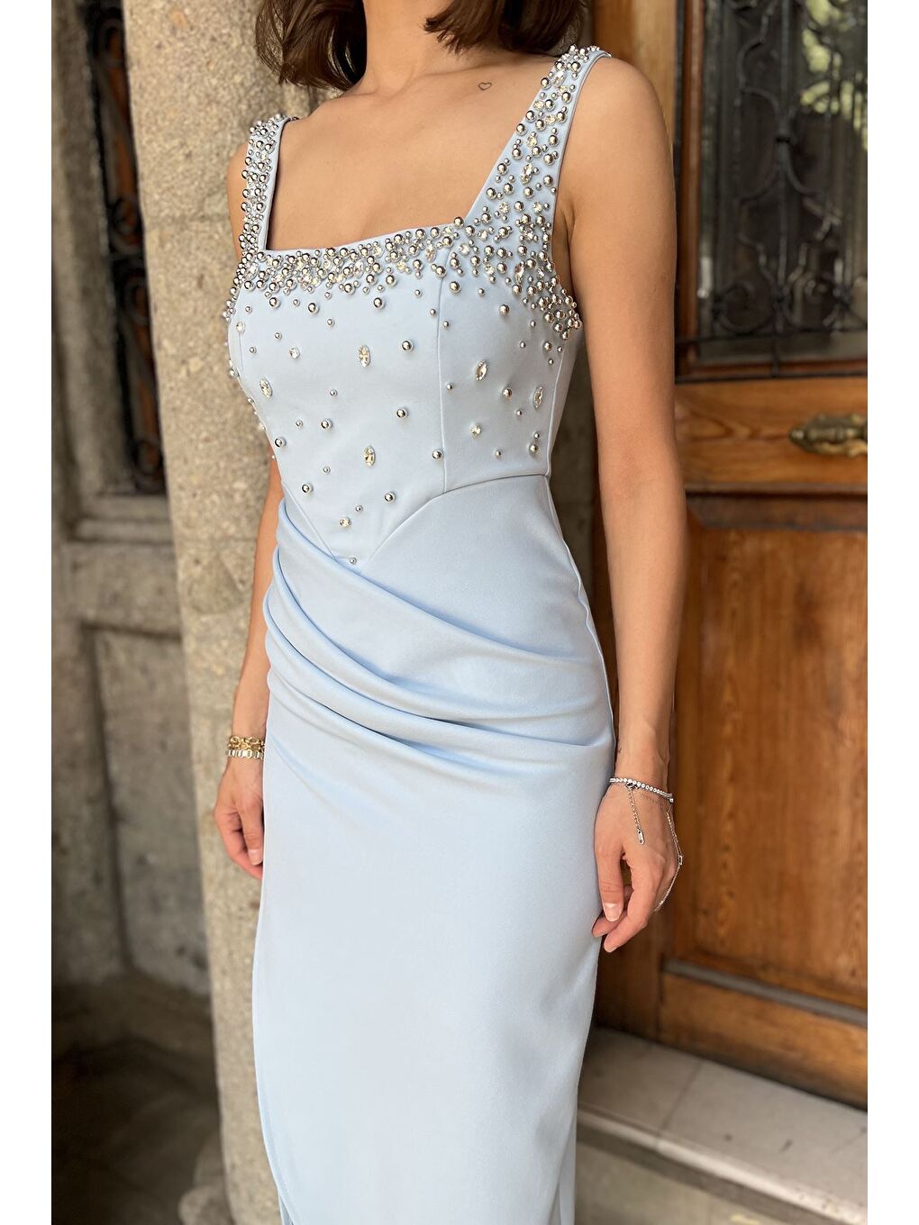 Mavi Kadın Taşlı Drapeli Abiye Elbise-4