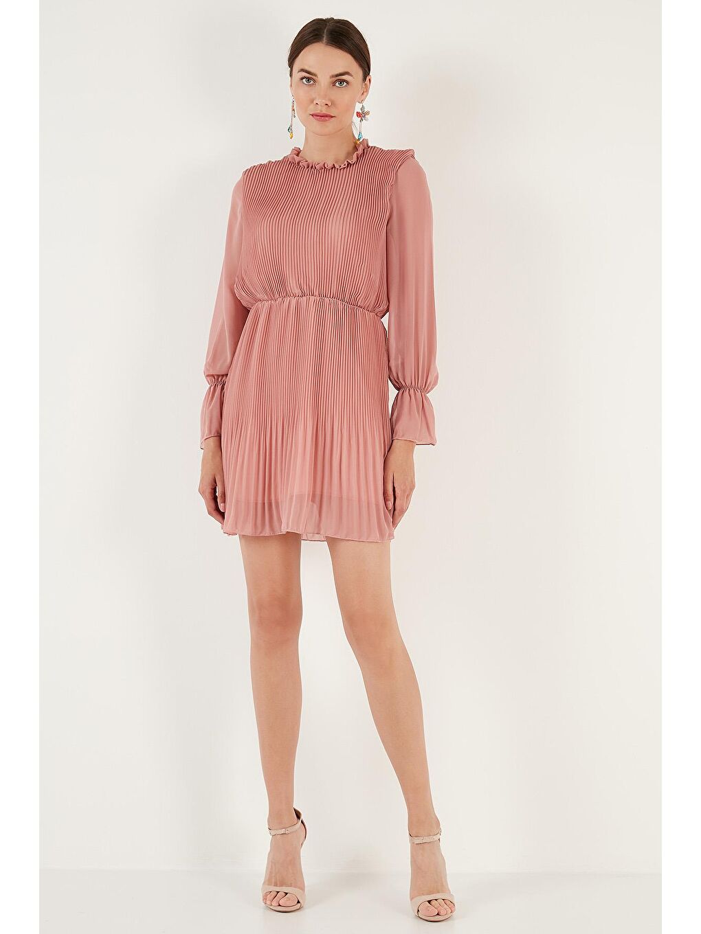 Pembe Kol Detaylı Pileli Şifon Mini Elbise 611SHN03-3