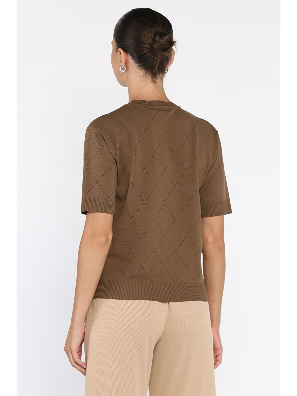 Kahverengi Kendinden Desenli Taşlı Kadın Bluz-2