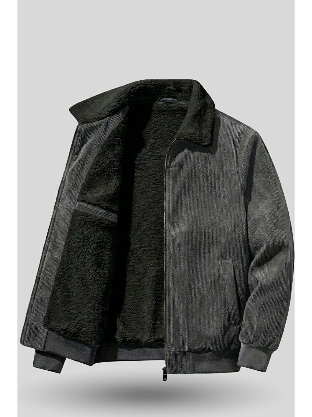 Gri Erkek Kadife Mont Pelüş Astarlı Tam Fermuarlı Gömlek Yaka Spor Mont