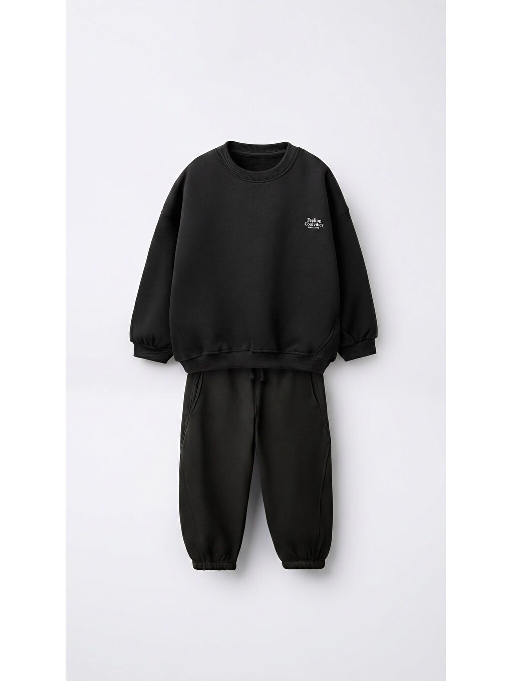 Siyah Unisex Çocuk Basic Yazı Detaylı 3 İplik Kumaş Eşofman Takım