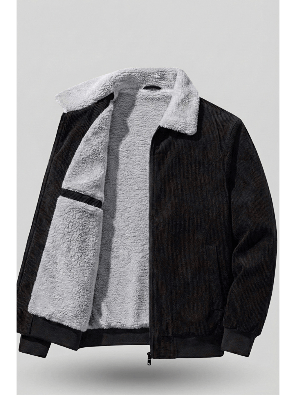 Siyah Erkek Kadife Mont Pelüş Astarlı Tam Fermuarlı Gömlek Yaka Spor Mont