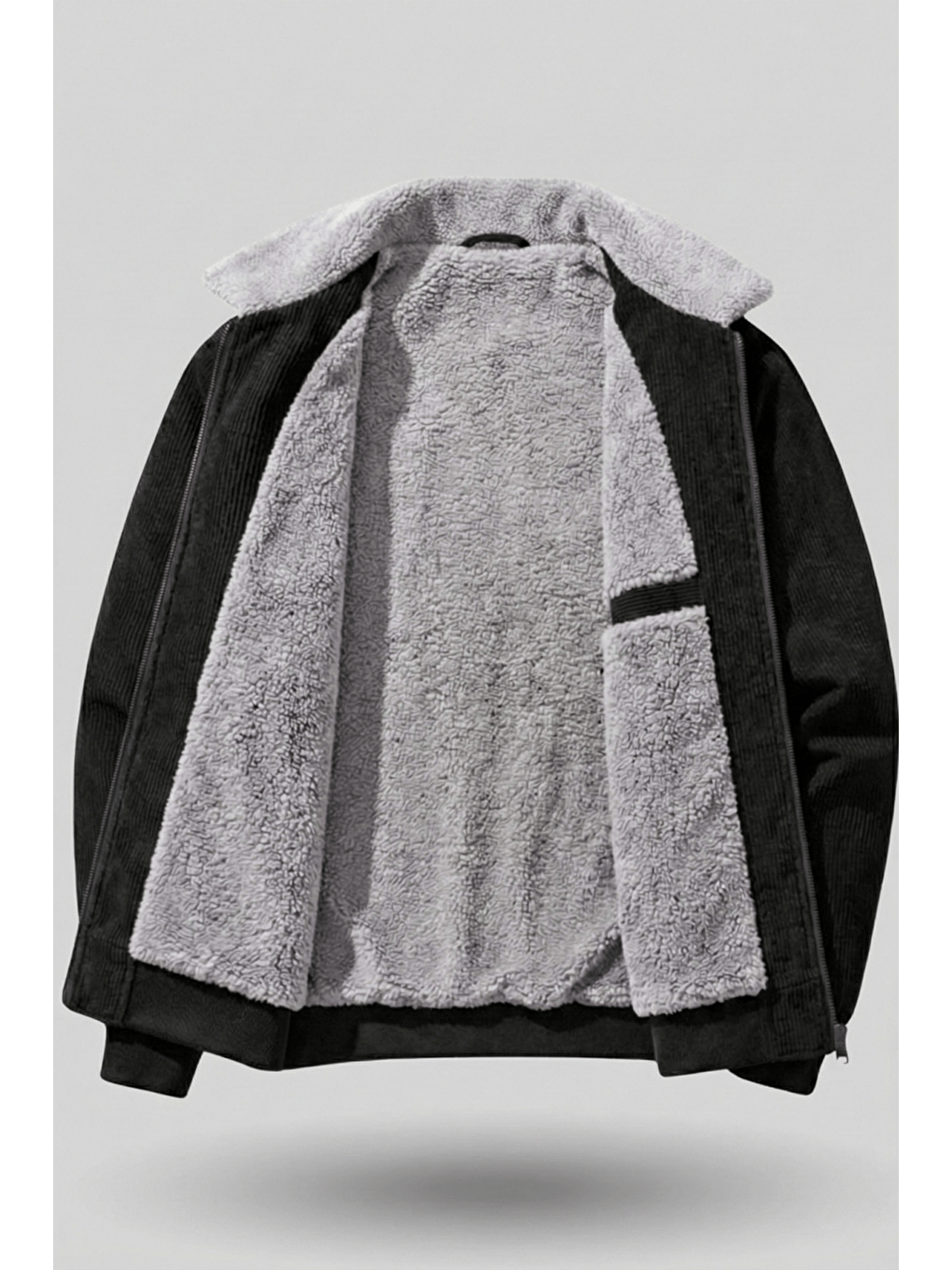 Siyah Erkek Kadife Mont Pelüş Astarlı Tam Fermuarlı Gömlek Yaka Spor Mont-1