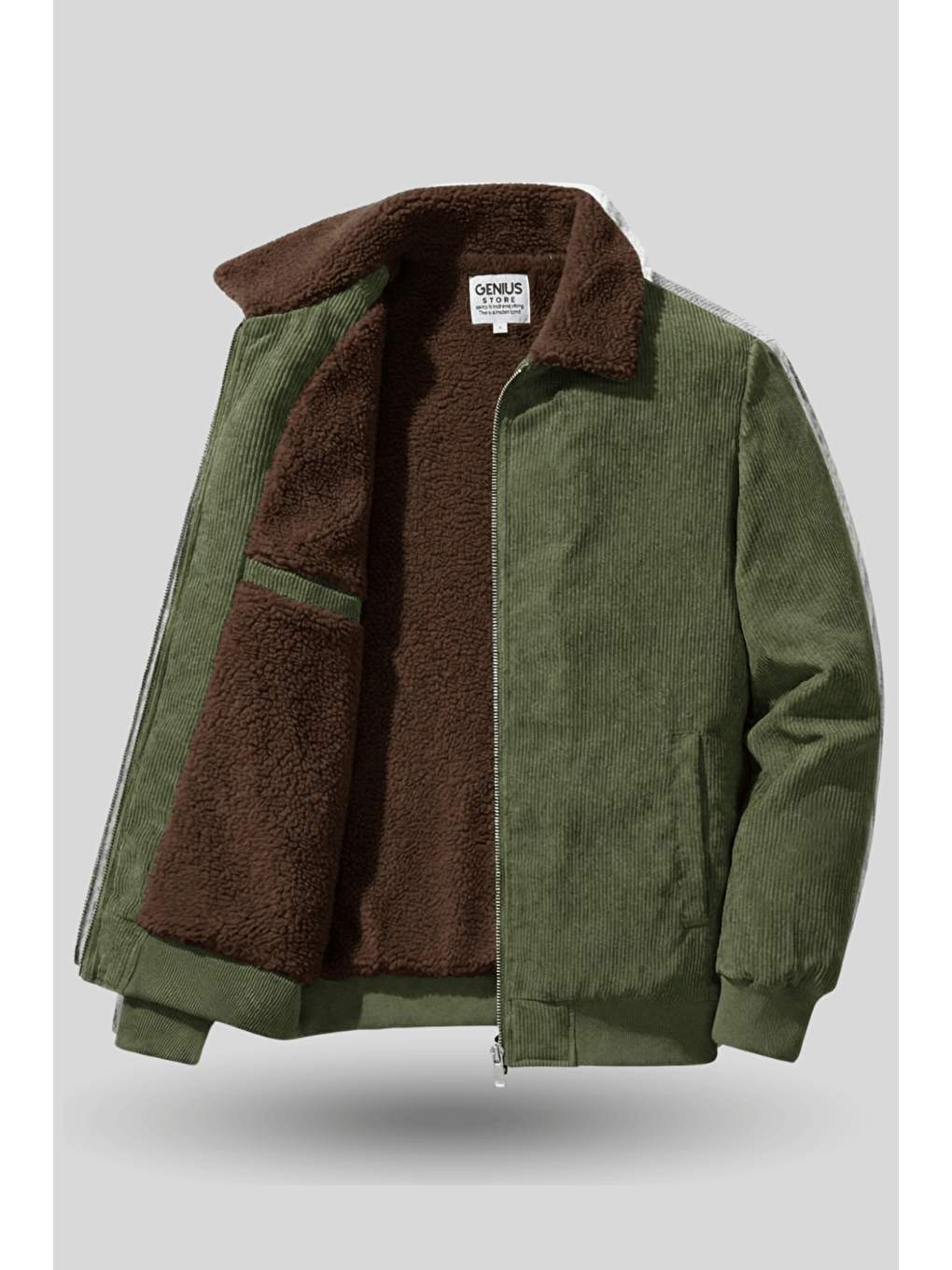 Haki Erkek Kadife Mont Pelüş Astarlı Tam Fermuarlı Gömlek Yaka Spor Mont