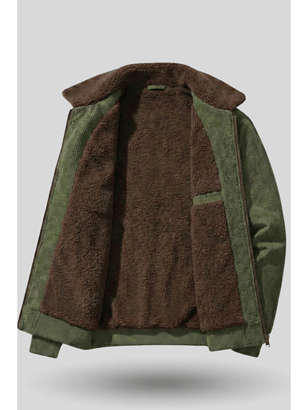 Haki Erkek Kadife Mont Pelüş Astarlı Tam Fermuarlı Gömlek Yaka Spor Mont-1