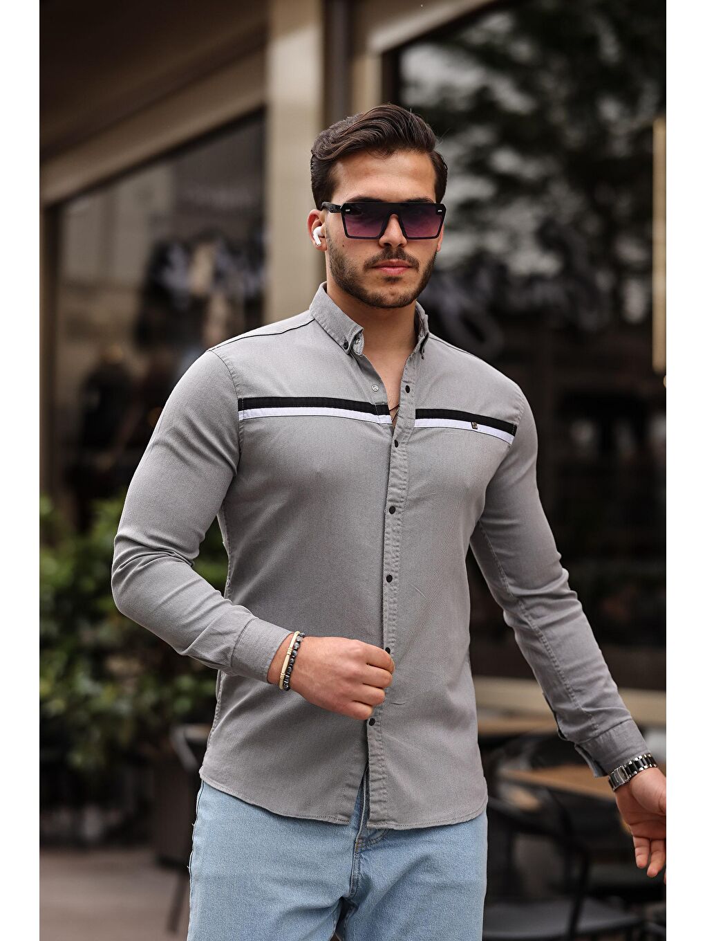 comstar Gri Slim Fit Ön Şerit Detaylı Çıtçıtlı Gömlek