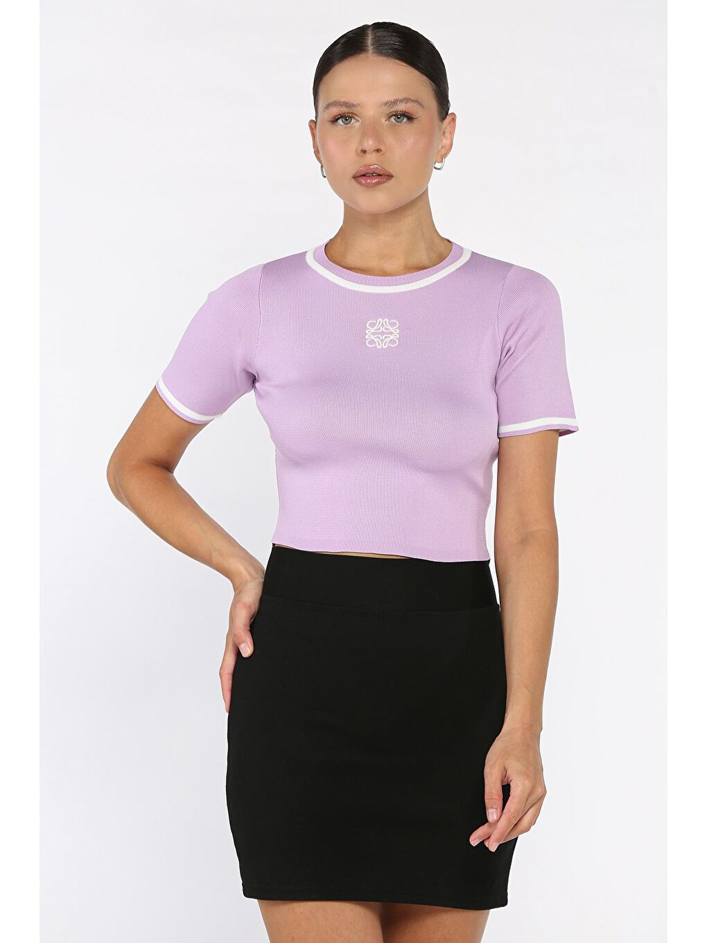 Lila Bisiklet Yaka Nakış Detaylı Elastanlı Kadın Triko Bluz