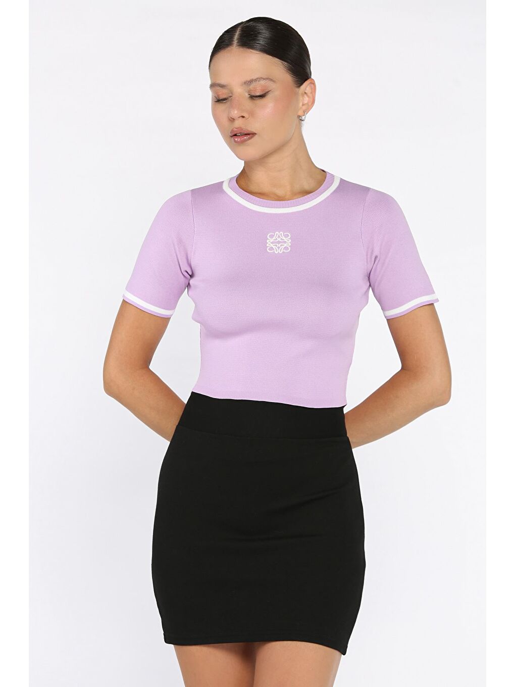 Lila Bisiklet Yaka Nakış Detaylı Elastanlı Kadın Triko Bluz-1