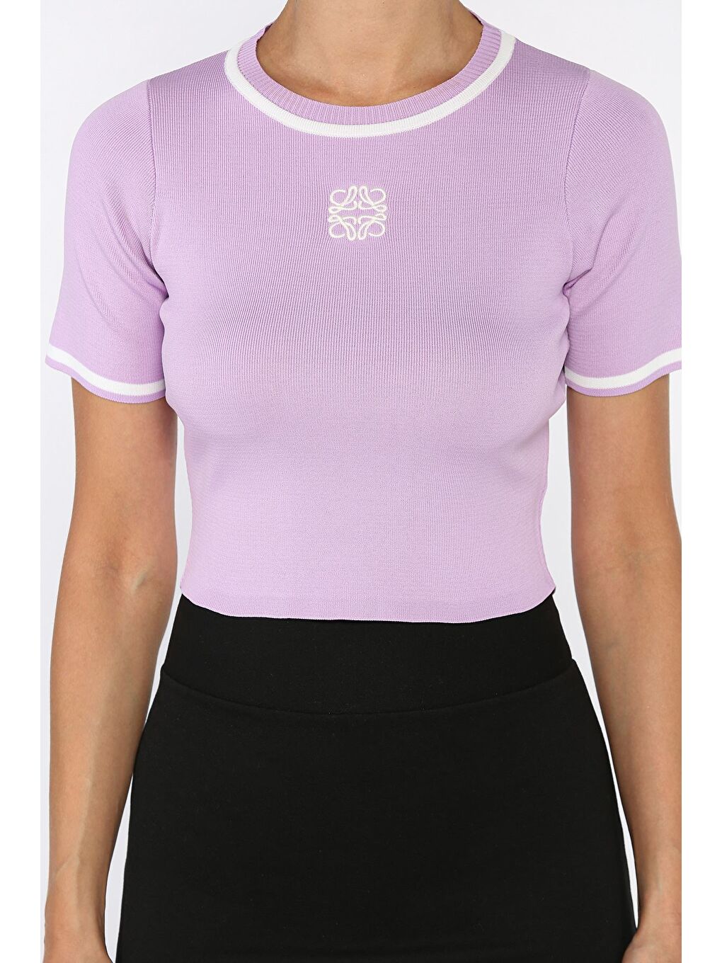 Lila Bisiklet Yaka Nakış Detaylı Elastanlı Kadın Triko Bluz-2