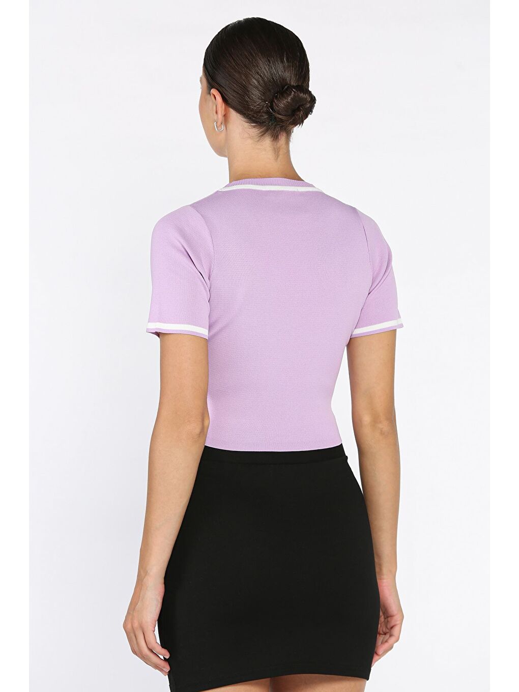 Lila Bisiklet Yaka Nakış Detaylı Elastanlı Kadın Triko Bluz-3