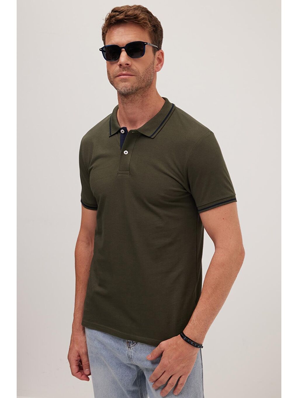 Erkek Slim Fit Dar Kesim %100 Pamuk Yumuşak Dokulu Serin Tutan Kumaş Düz Pike Haki Polo Yaka Tişört-1