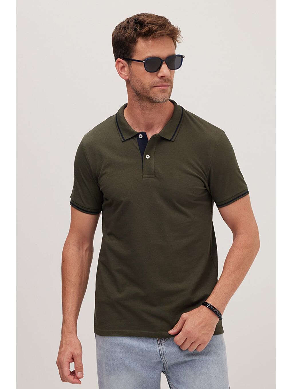 Erkek Slim Fit Dar Kesim %100 Pamuk Yumuşak Dokulu Serin Tutan Kumaş Düz Pike Haki Polo Yaka Tişört-2