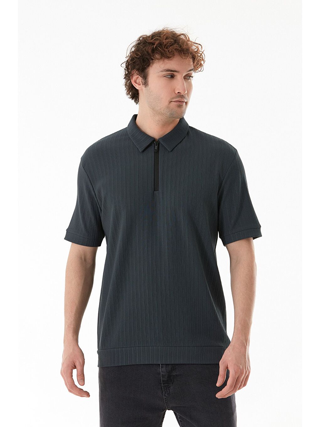 Petrol Yarım Fermuarlı Polo Yaka Jakarlı Tişört-1