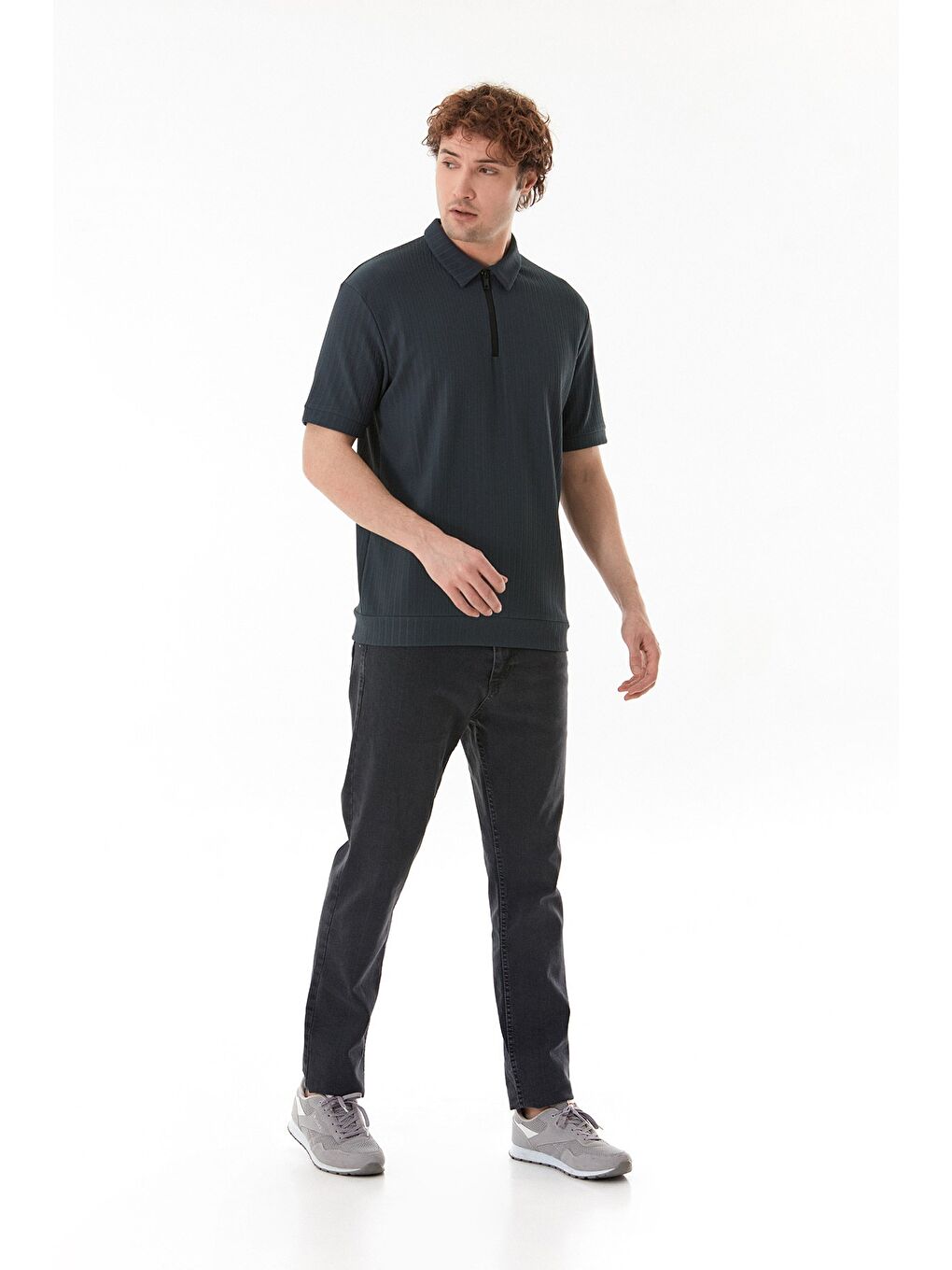 Petrol Yarım Fermuarlı Polo Yaka Jakarlı Tişört-2