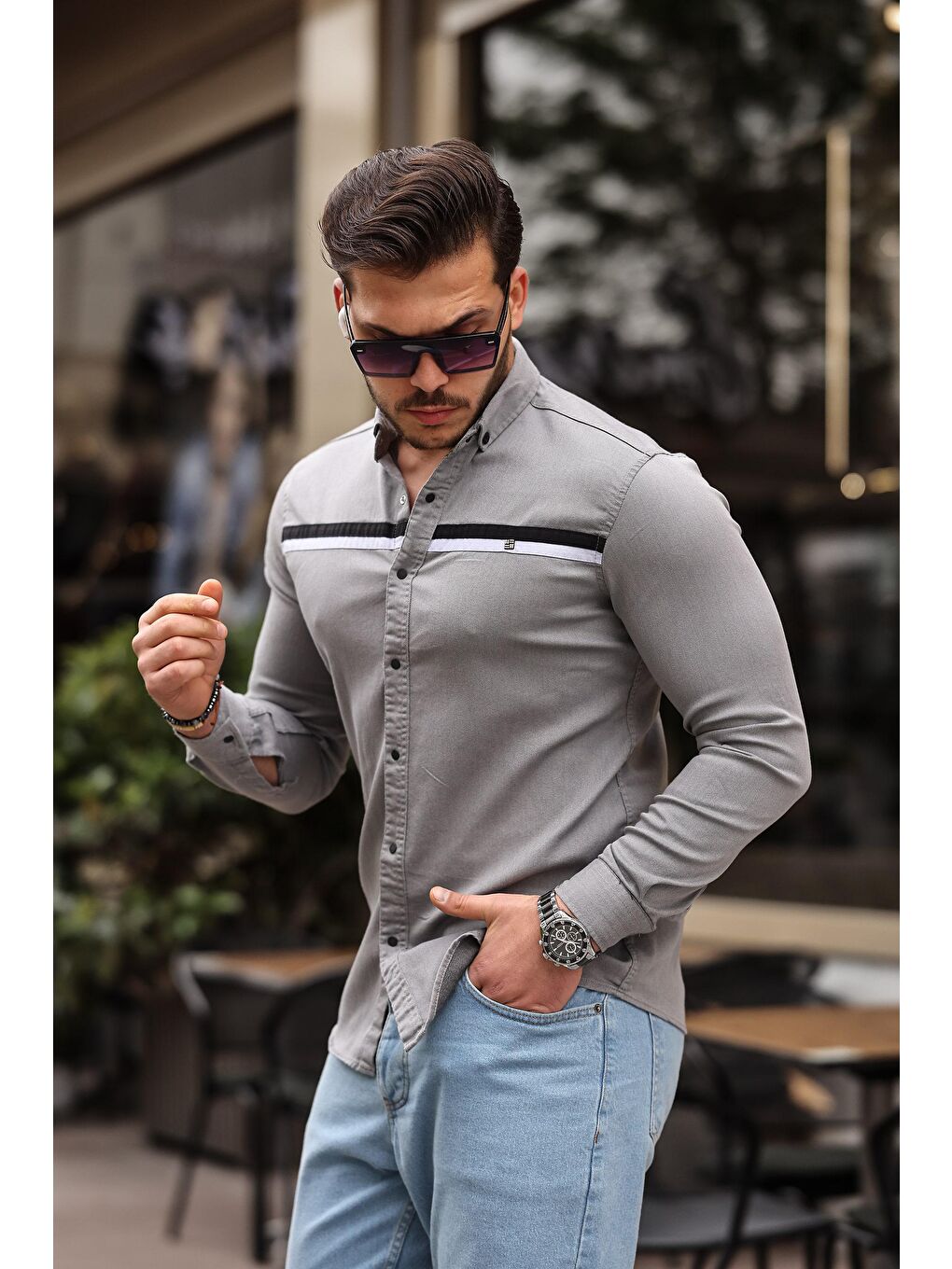 comstar Gri Slim Fit Ön Şerit Detaylı Çıtçıtlı Gömlek - 2