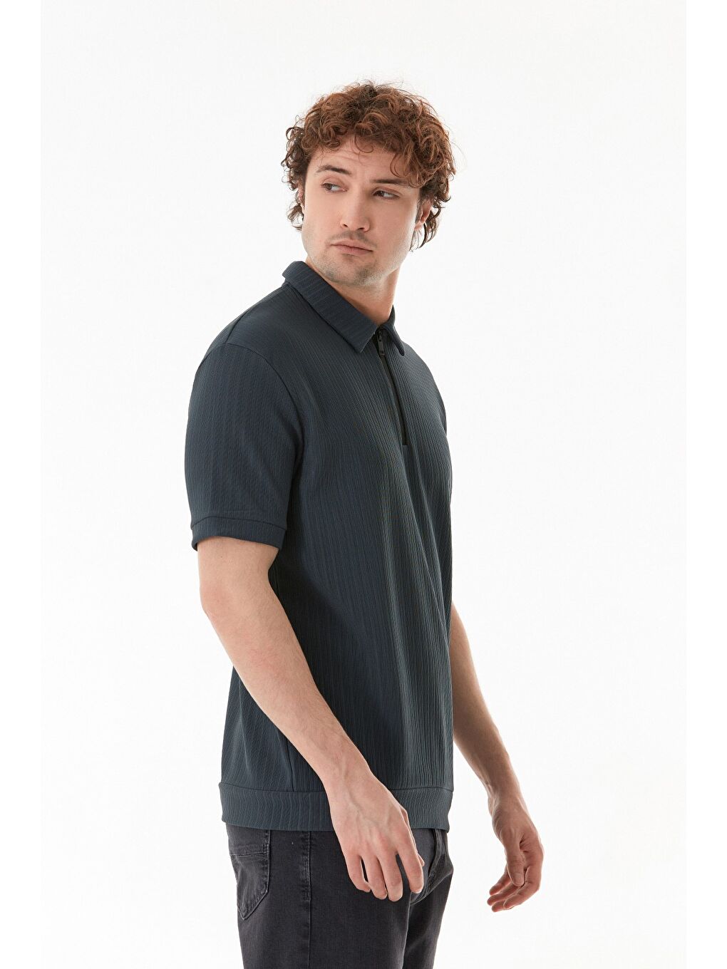 Petrol Yarım Fermuarlı Polo Yaka Jakarlı Tişört-3