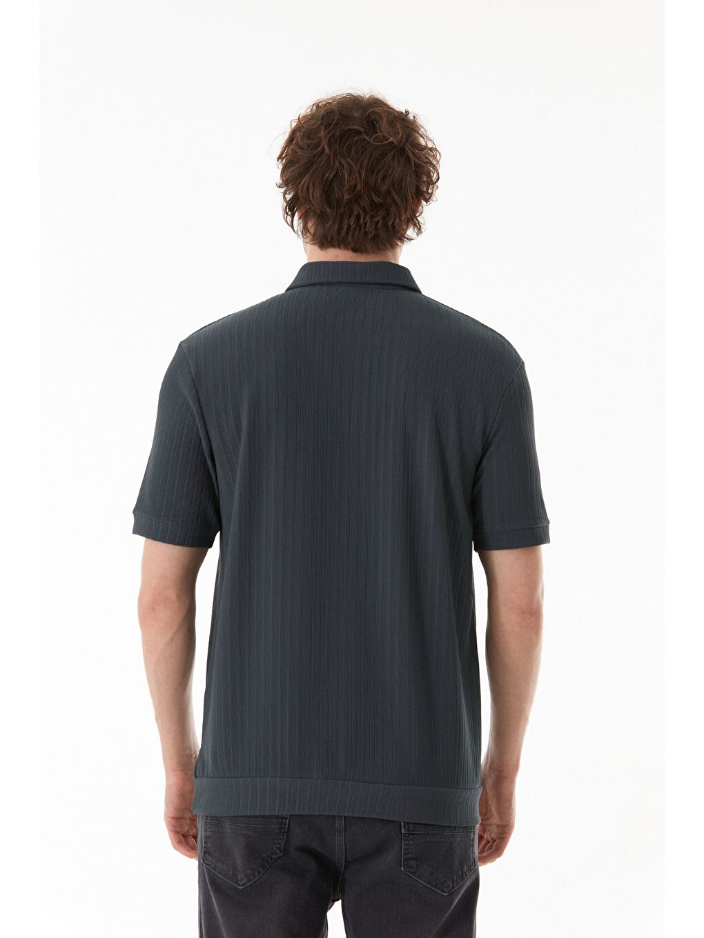 Petrol Yarım Fermuarlı Polo Yaka Jakarlı Tişört-4