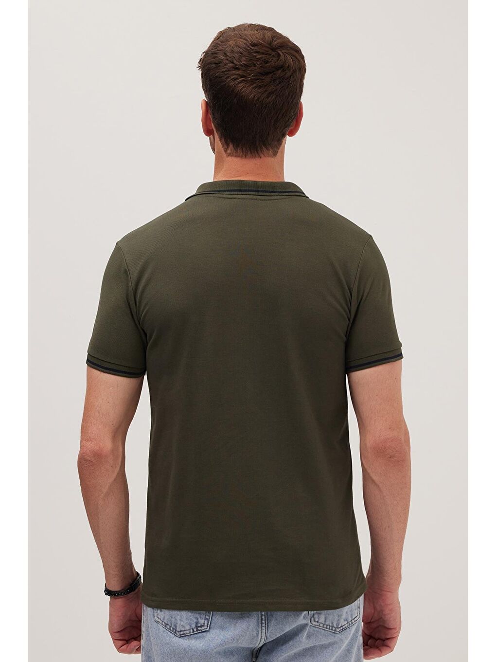 Erkek Slim Fit Dar Kesim %100 Pamuk Yumuşak Dokulu Serin Tutan Kumaş Düz Pike Haki Polo Yaka Tişört-5