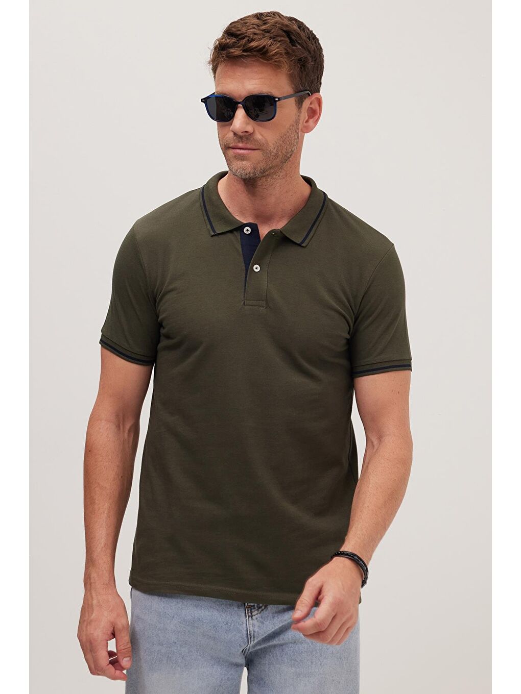 Erkek Slim Fit Dar Kesim %100 Pamuk Yumuşak Dokulu Serin Tutan Kumaş Düz Pike Haki Polo Yaka Tişört-6