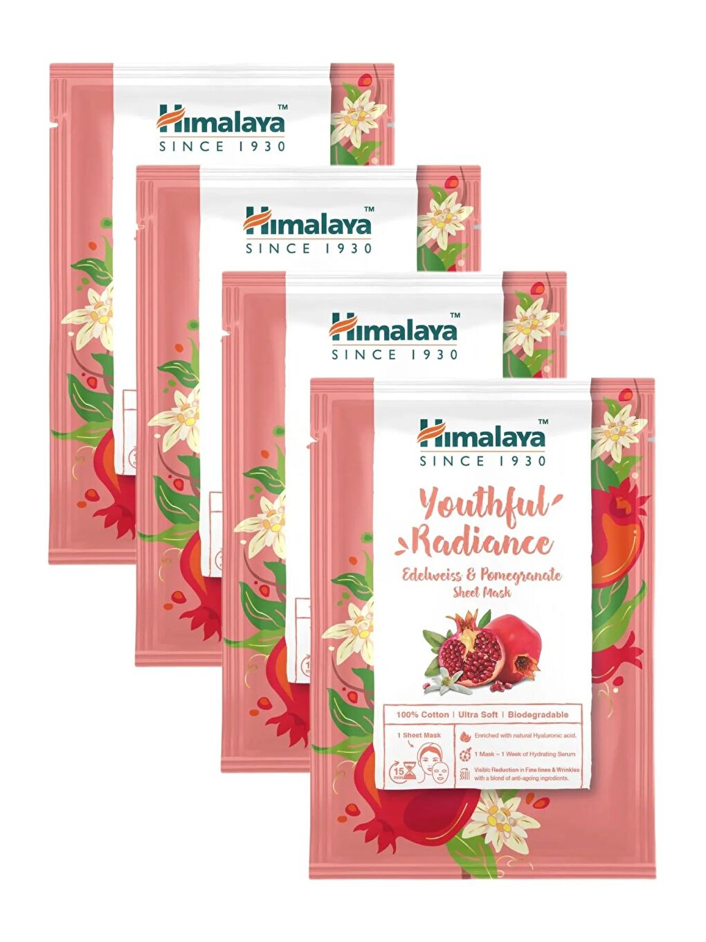 Himalaya Since 1930 Kırışık Karşıtı Kağıt Maske, Edelweiss, Nar, Hyaluronik Asit, %100 Pamuk, Tüm Ciltler, 30 Gr 4 Adet