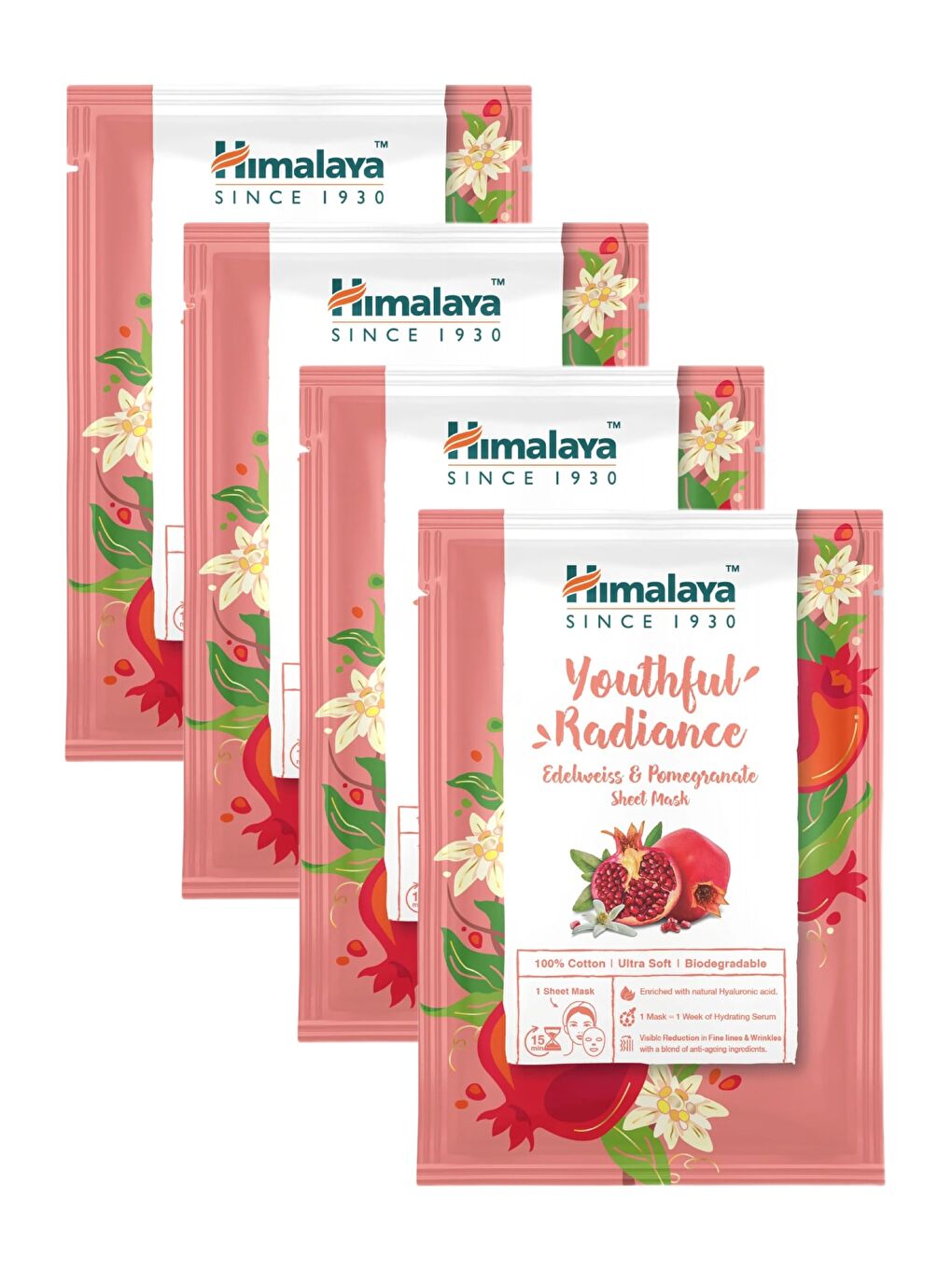 Himalaya Since 1930 Kırışık Karşıtı Kağıt Maske, Edelweiss, Nar, Hyaluronik Asit, %100 Pamuk, Tüm Ciltler, 30 Gr 4 Adet-1