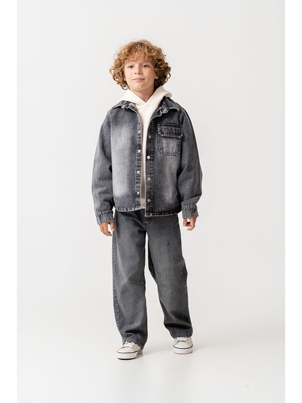 Erkek Çocuk Pamuklu Gri Denim Ceket & Pantolon Takım