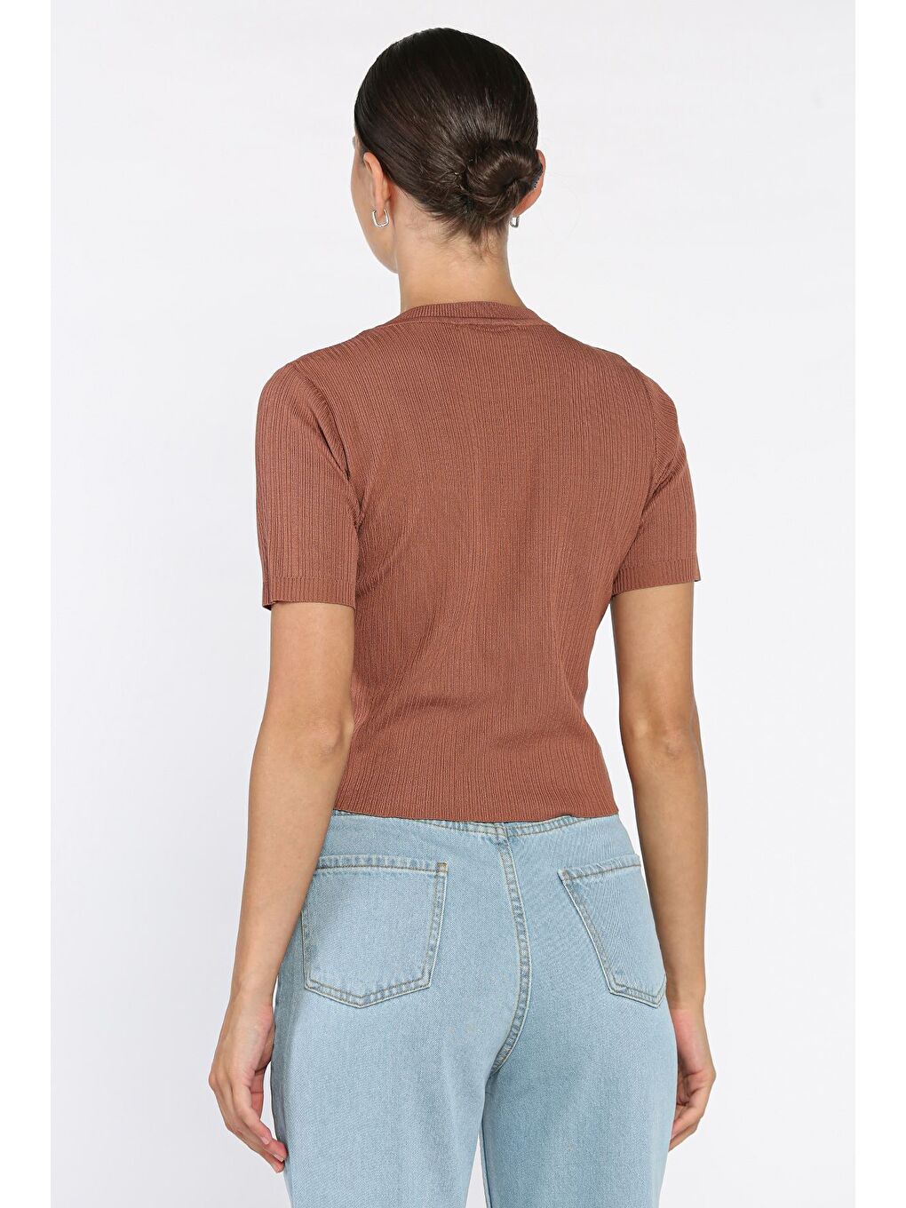 Turuncu Bisiklet Yaka Ön Nakışlı Elastanlı Kadın Bluz-2