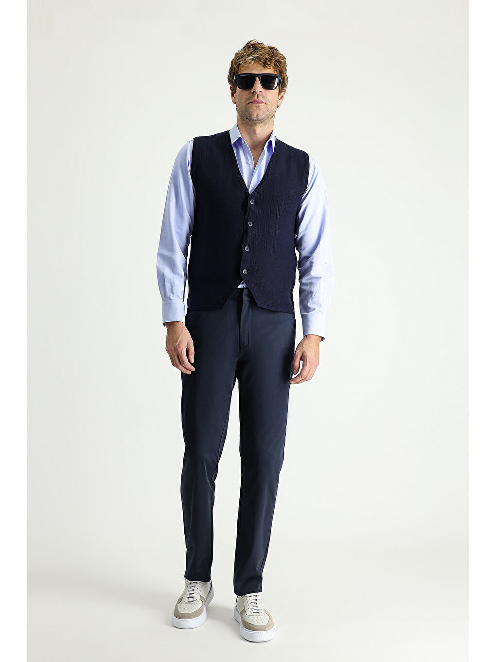 Lacivert Slim Fit Dar Kesim Elastanlı Saten Kanvas / Chino Pantolon