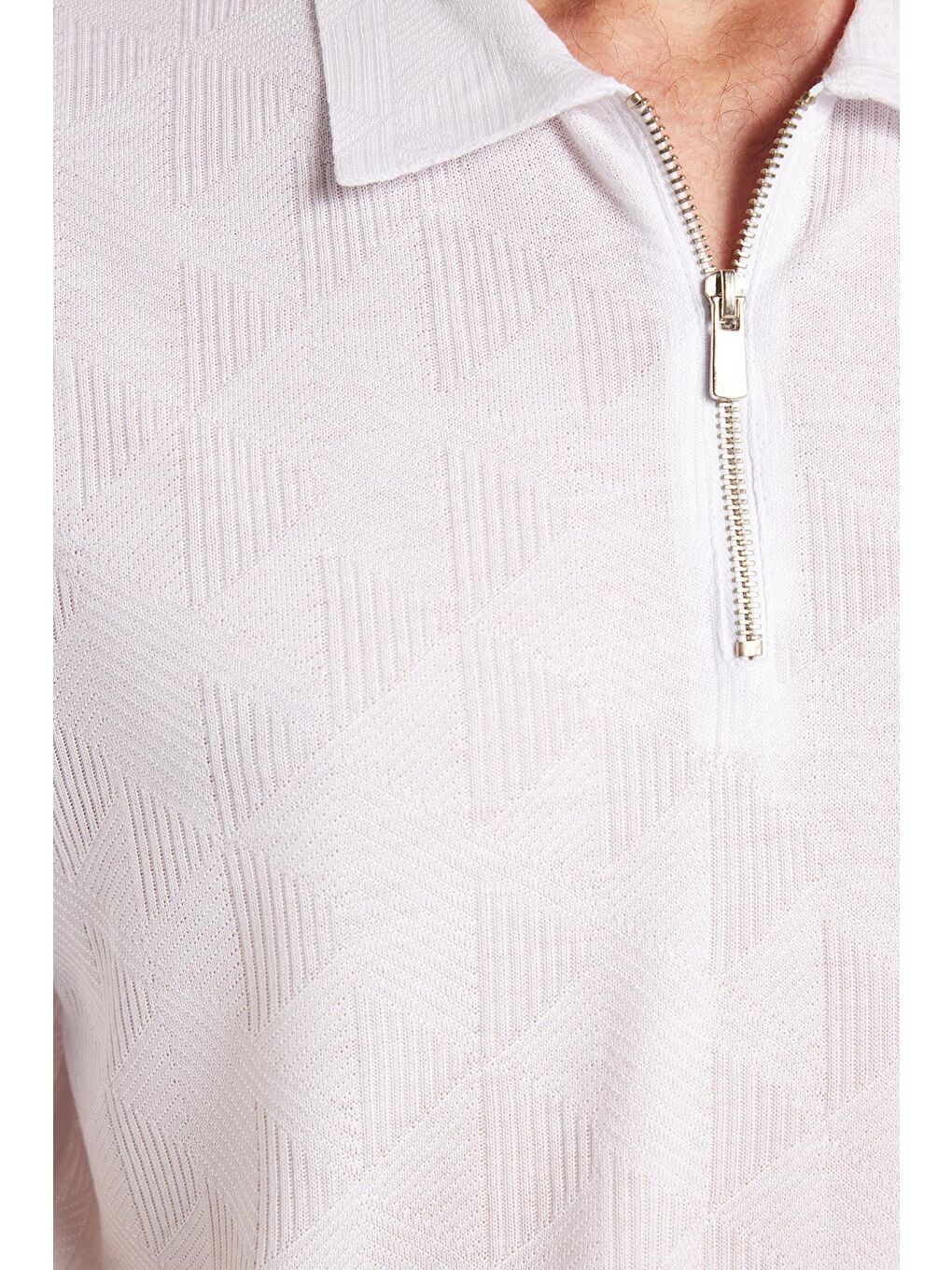 Erkek Slim Fit Dar Kesim Viskon Fermuarlı Polo Yaka Beyaz Tişört-1