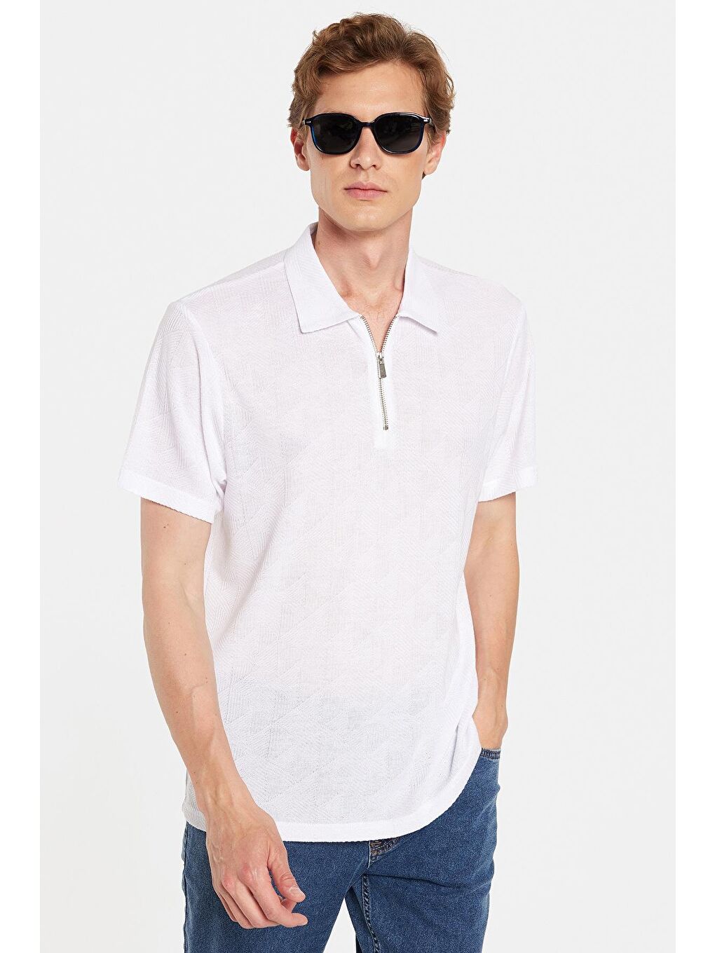 Erkek Slim Fit Dar Kesim Viskon Fermuarlı Polo Yaka Beyaz Tişört-2
