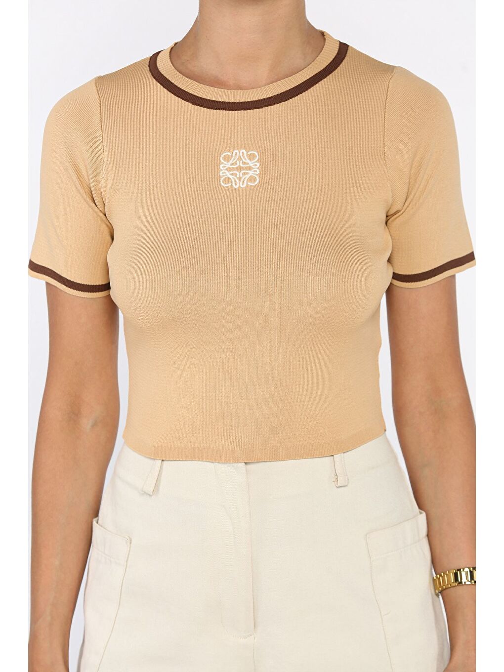 Bej Bisiklet Yaka Nakış Detaylı Elastanlı Kadın Triko Bluz-2