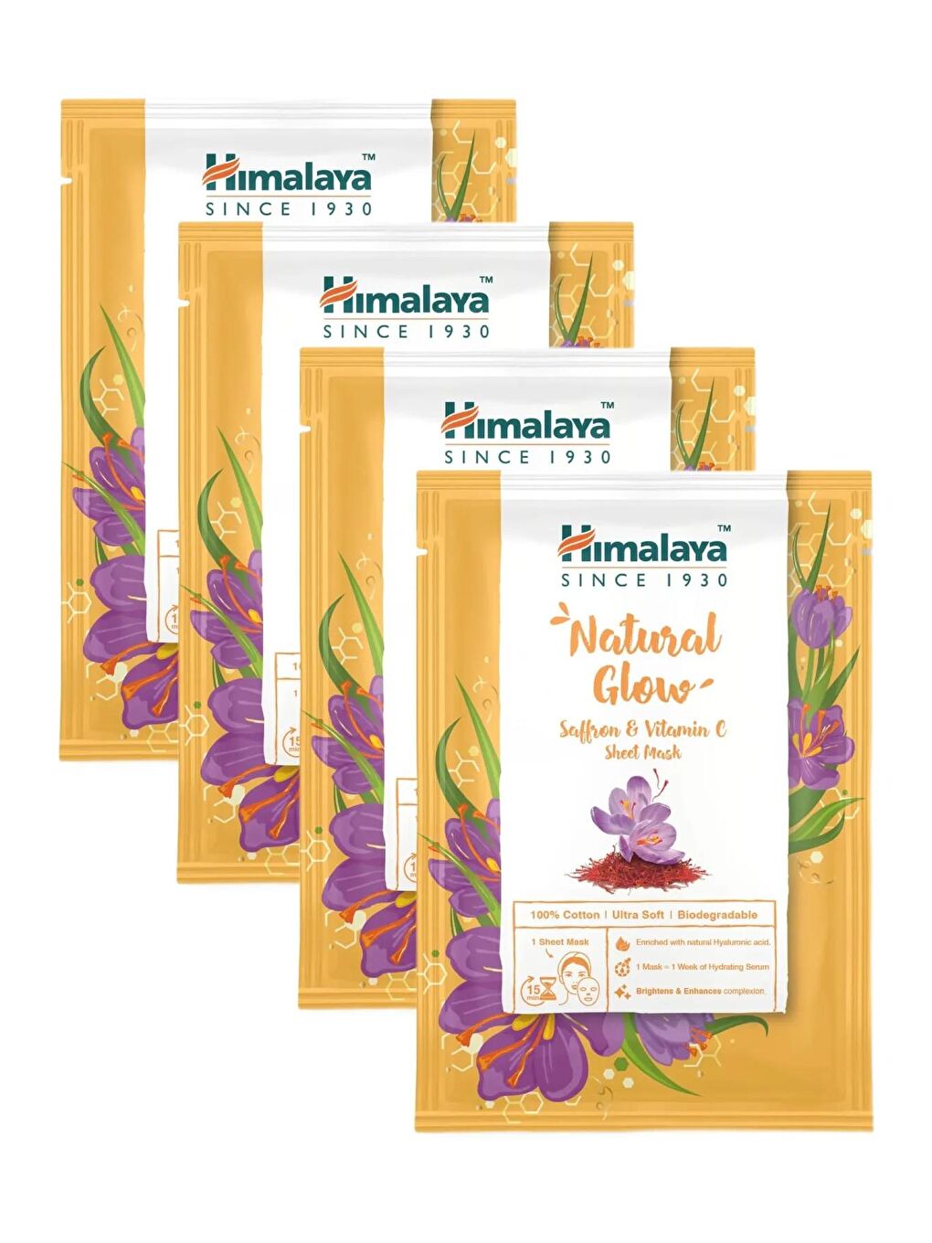 Himalaya Since 1930 Aydınlatıcı Kağıt Maske, Safran, C Vitamini, Hyaluronik Asit, %100 Pamuk, Tüm Ciltler, 30 Gr 4 Adet