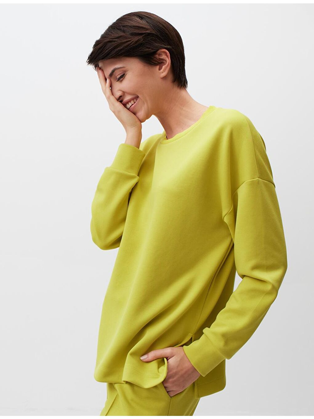 Sarı Limoni Bisiklet Yaka Uzun Kollu Oversize Sweatshirt-1